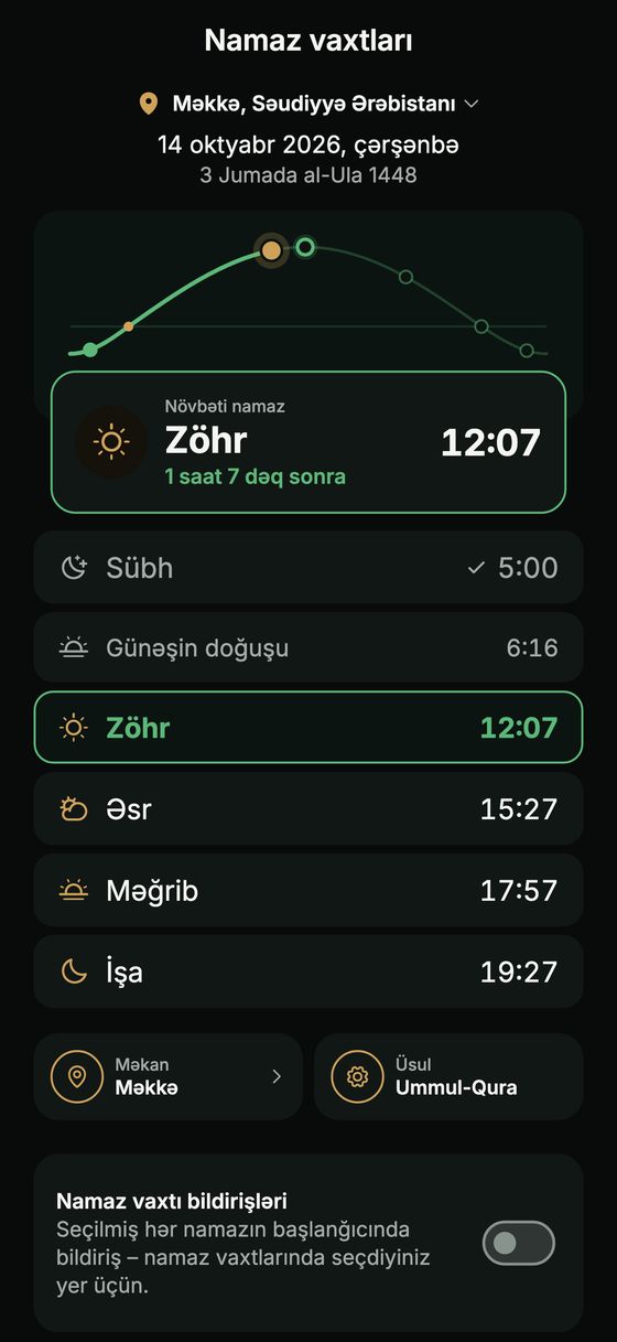 Gün qövsü ilə namaz vaxtları