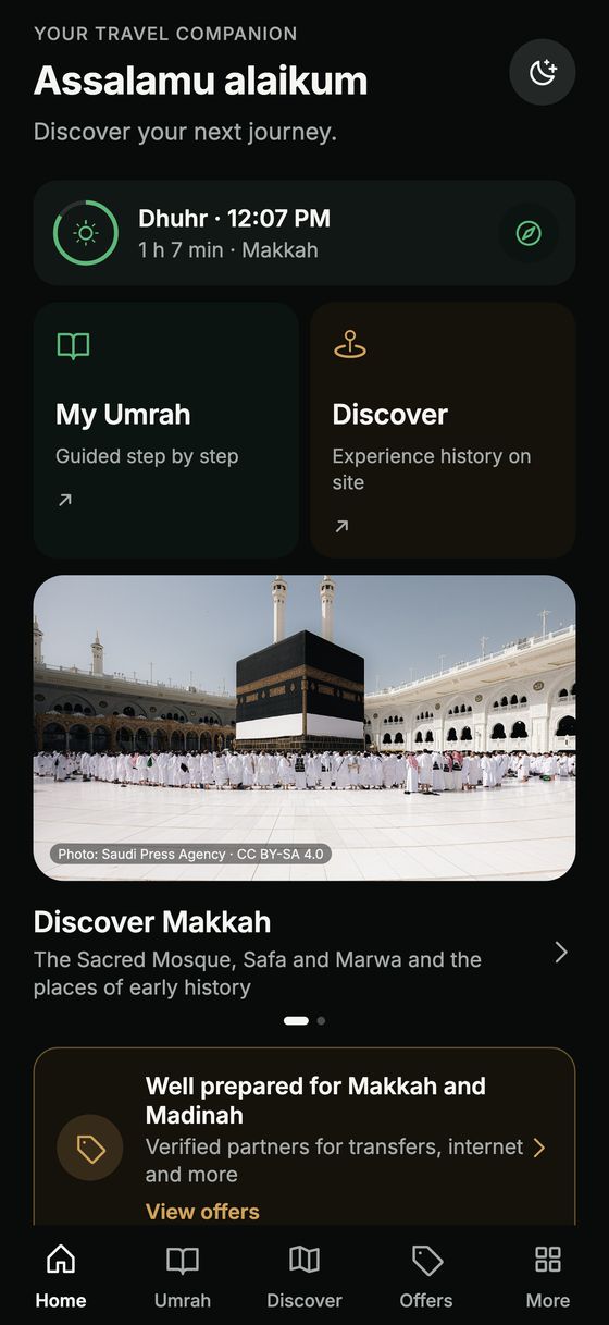 Hijaza home screen with prayer time, “My Umrah” and “Discover”