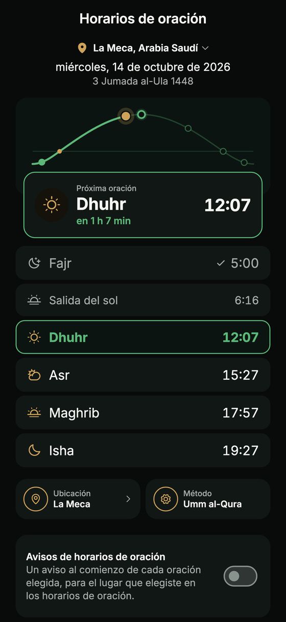 Horarios de oración con arco del día