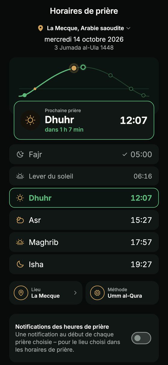 Horaires de prière avec arc du jour
