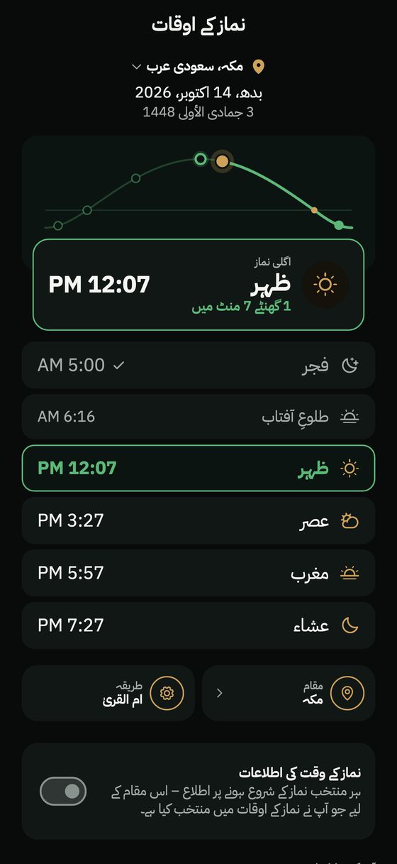 دن کے قوس کے ساتھ نماز کے اوقات