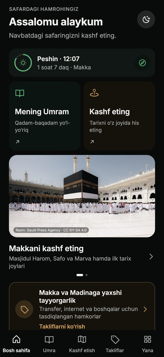 Hijaza ilovasining bosh sahifasi: namoz vaqti, “Mening Umram” va “Kashf etish”